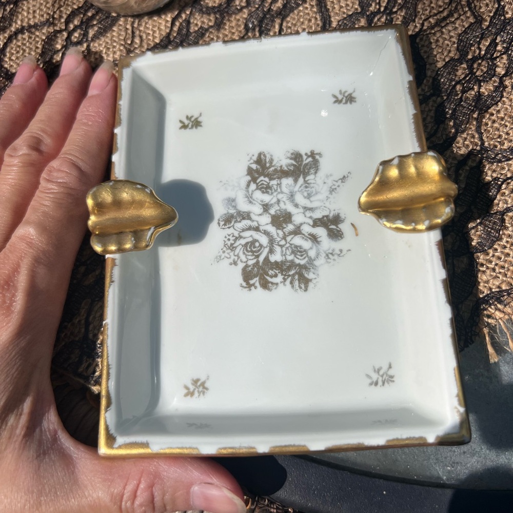 Vintage Floral Porcelain ashtray or catchall with Gold Accents